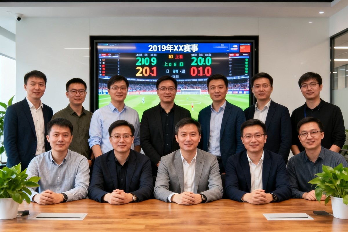 球速体育创始团队2019年在上海办公室的合影，背后是实时比分大屏
